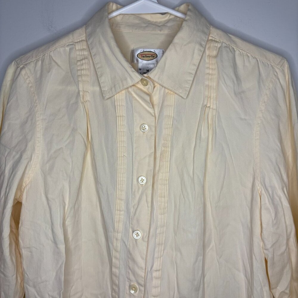 TALBOTS Button Up Shirt Medium Cream Yellow Pleats Long Sleeve Ribbed